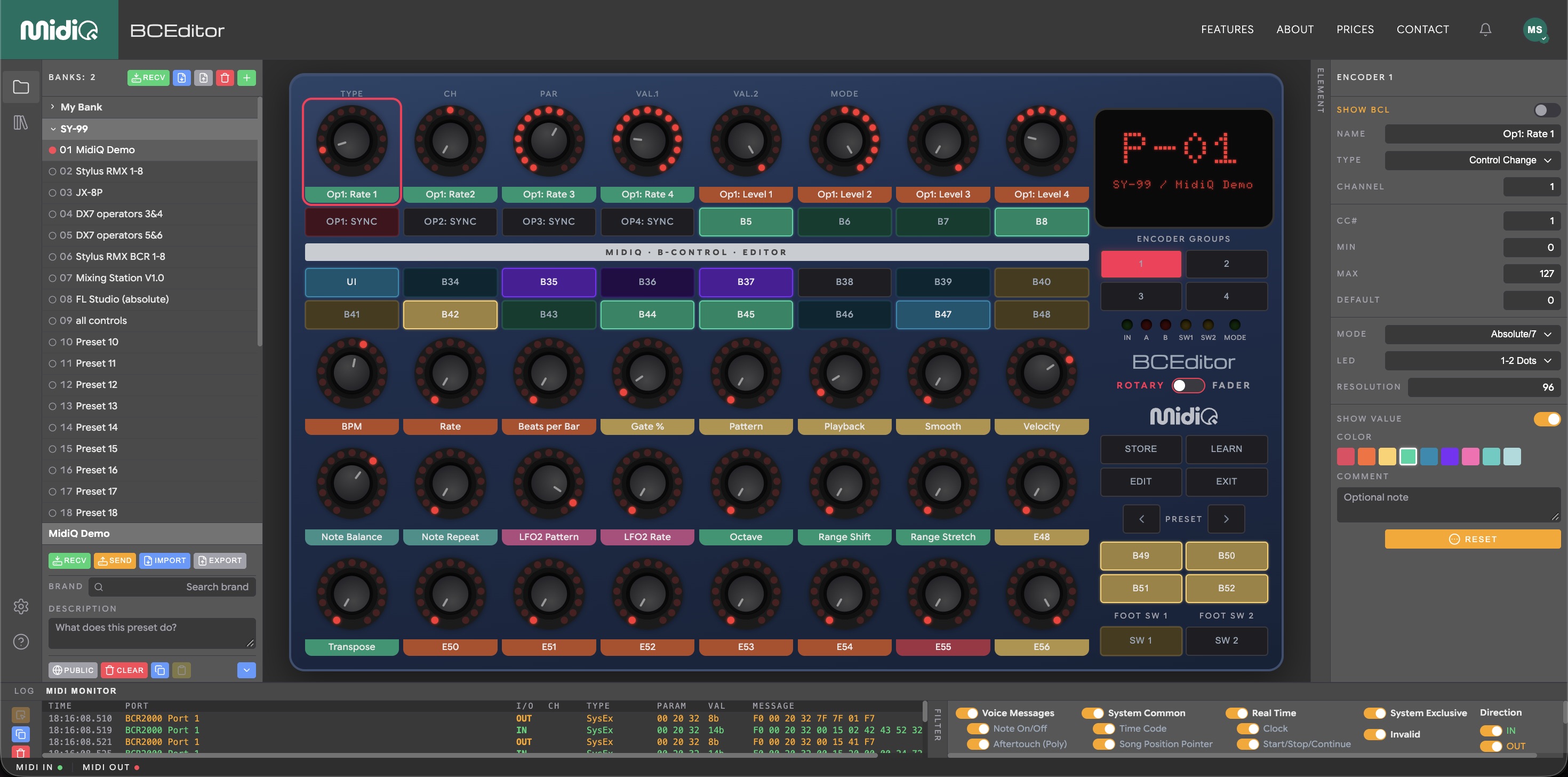 BCEditor screenshot with encoder 1 selected and its LED ring illuminated